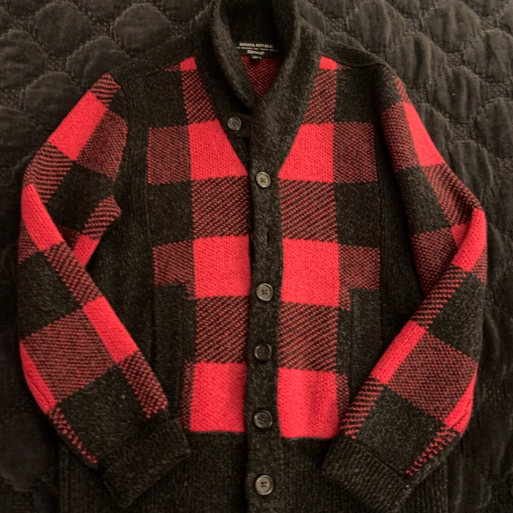 Banana Republic Filpucci Wool Plaid Cardigan Sweater - Men's Size S - Red Black